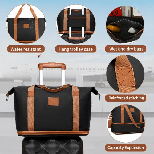 British Traveller 6 Piece Ultralight ABS and Polycarbonate Suitcase Set with Travel Tote and Cosmetic Pouch - Black/Brown