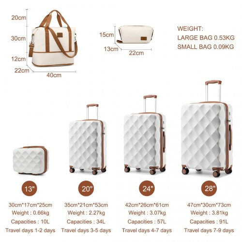 British Traveller 6 Piece Ultralight ABS and Polycarbonate Suitcase Set with Travel Tote and Cosmetic Pouch - Cream