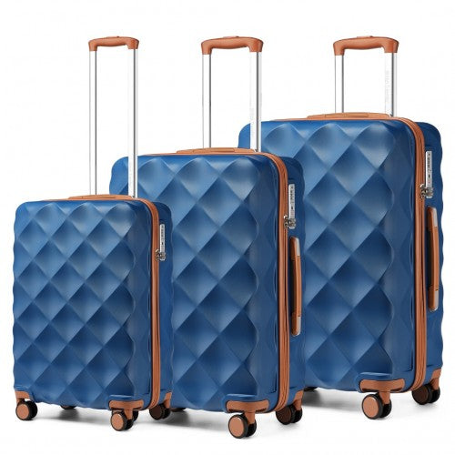 British Traveller Ultralight ABS and Polycarbonate Bumpy Diamond 3 Pcs Luggage Set with TSA Lock - Navy/Brown