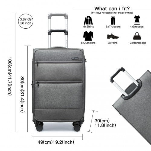 British Traveller 28 Inch Lightweight Soft Shell Expandable Suitcase With TSA Lock - Grey