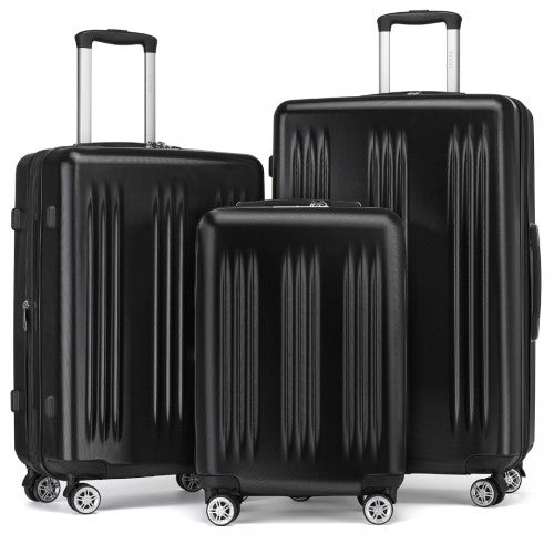 Kono 3 Piece Luggage Set 20/24/28 Inch Sleek Striped Expandable ABS+PC Suitcase with TSA Lock And Four Spinner Wheels - Black