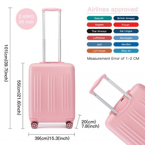 Kono 20 Inch Sleek Striped Carry-On Suitcase Durable ABS+PC Luggage With Four Spinner Wheels And TSA Lock Perfect for Travel - Pink