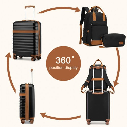 Kono 20 Inch Stylish Hard Shell ABS+PC Cabin Suitcase included Multi-Compartment Backpack with Small Pouch 3 Piece Travel Set - Black/Brown