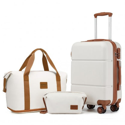 Kono 20 Inch Premium ABS Cabin Carry-On Suitcase Set With Weekend Bag And Toiletry Bag - Cream/Brown