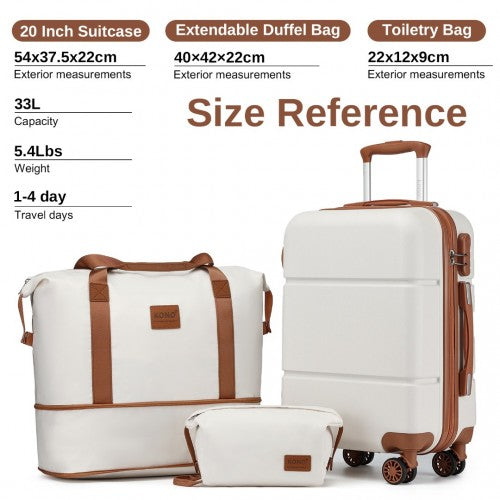 Kono 20 Inch Premium ABS Cabin Carry-On Suitcase Set With Weekend Bag And Toiletry Bag - Cream/Brown