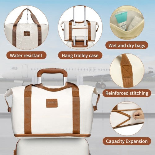 Kono 20 Inch Premium ABS Cabin Carry-On Suitcase Set With Weekend Bag And Toiletry Bag - Cream/Brown