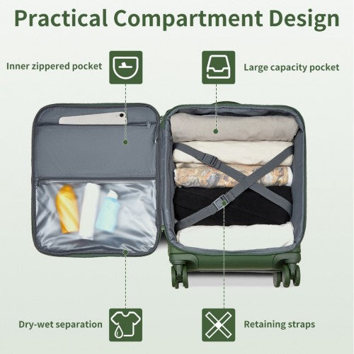 Kono 20 Inch Lightweight Soft Shell Carry On Cabin Size Suitcase with TSA Lock - Green