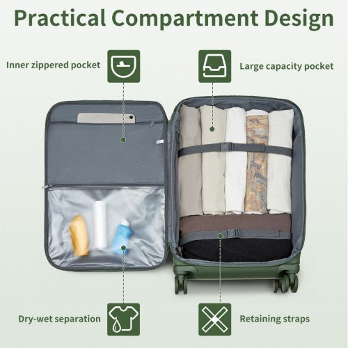 Kono 24 Inch Lightweight Durable Soft Shell Suitcase with TSA Lock and Separate Wet/Dry Compartment - Green