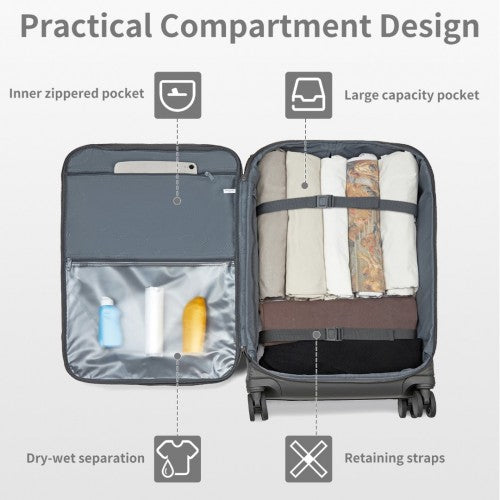 Kono 24 Inch Lightweight Durable Soft Shell Suitcase with TSA Lock and Separate Wet/Dry Compartment - Grey