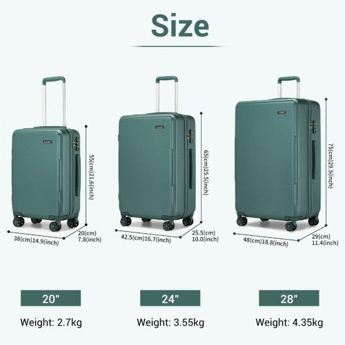 Kono 3-Piece Minimalist Hard Shell ABS+PC Luggage Set with TSA Lock and 360° Spinner Wheels - Military Green