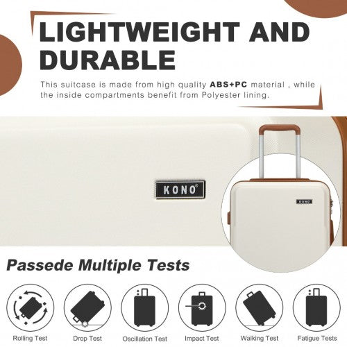 Kono 20 Inch Cabin Size Minimalist Hard Shell ABS+PC Carry-On Suitcase with TSA Lock 360° Spinner Wheels - Cream/Brown