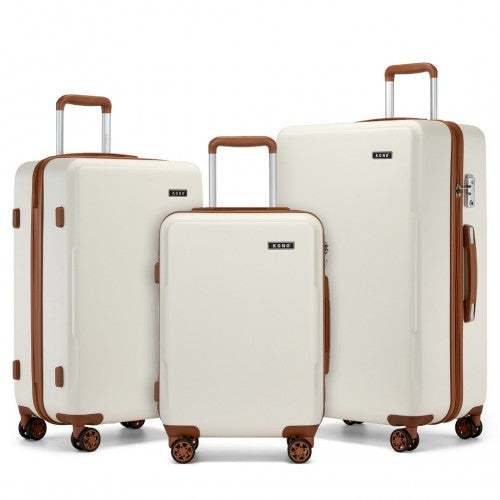 Kono 3-Piece Minimalist Hard Shell ABS+PC Luggage Set with TSA Lock and 360° Spinner Wheels - Cream/Brown