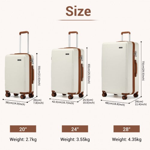 Kono 3-Piece Minimalist Hard Shell ABS+PC Luggage Set with TSA Lock and 360° Spinner Wheels - Cream/Brown