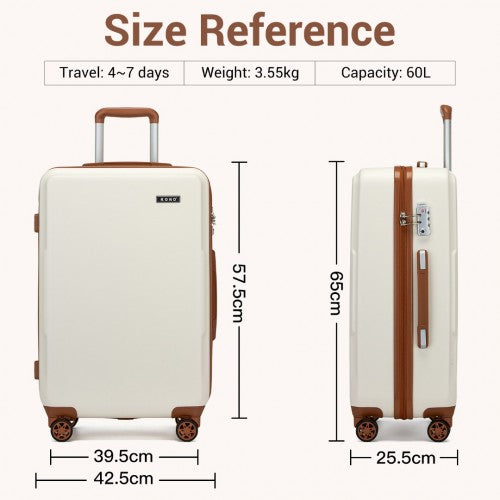 Kono 24 Inch Minimalist Hard Shell ABS+PC Check-In Suitcase with TSA Lock 360° Spinner Wheels - Cream And Brown