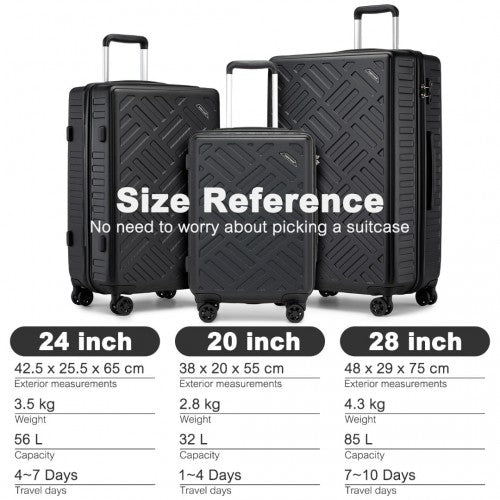 Supercase 3-Piece Sleek Geometric Pattern Hard Shell ABS+PC Suitcase Set with TSA Lock For Effortless Travel - Black