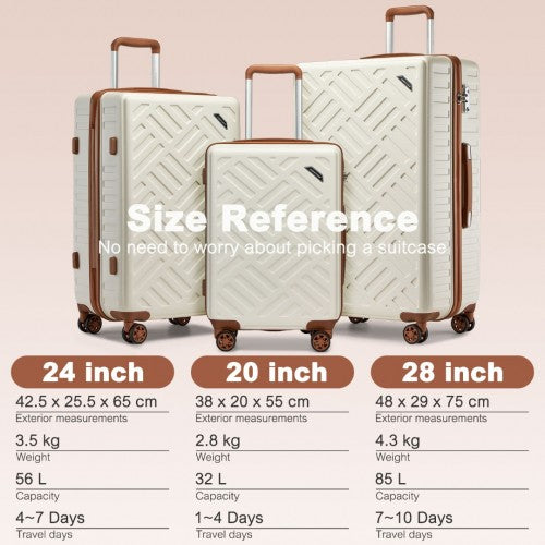 Supercase 3-Piece Sleek Geometric Pattern Hard Shell ABS+PC Suitcase Set with TSA Lock For Effortless Travel - Cream/Brown