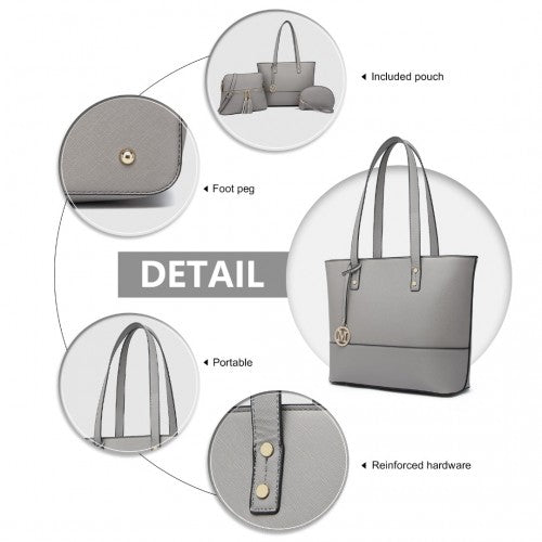 Miss Lulu 3 Piece Leather Look Tote Bag Set - Grey