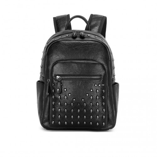 Miss Lulu Fashion PU Leather Skull Studded Backpack Designer Urban Chic Rock Style Stylish City Backpack with Detailed Studs - Black