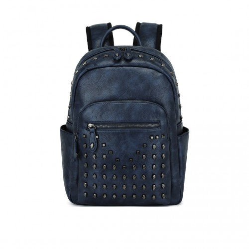 Miss Lulu Fashion PU Leather Skull Studded Backpack Designer Urban Chic Rock Style Stylish City Backpack with Detailed Studs - Navy