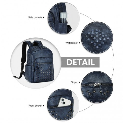 Miss Lulu Fashion PU Leather Skull Studded Backpack Designer Urban Chic Rock Style Stylish City Backpack with Detailed Studs - Navy