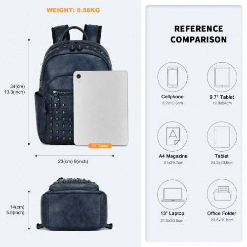 Miss Lulu Fashion PU Leather Skull Studded Backpack Designer Urban Chic Rock Style Stylish City Backpack with Detailed Studs - Navy