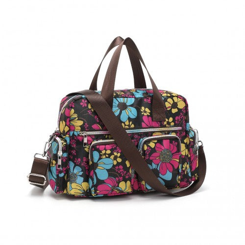 Kono Versatile Multi-Pocket Travel Bag with Adjustable Detachable Strap and Flower Print - Black