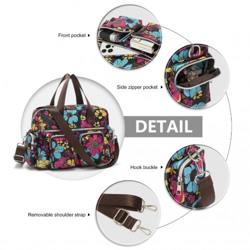 Kono Versatile Multi-Pocket Travel Bag with Adjustable Detachable Strap and Flower Print - Black