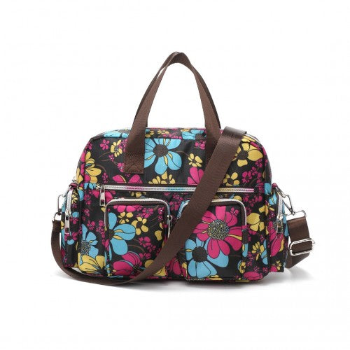 Kono Versatile Multi-Pocket Travel Bag with Adjustable Detachable Strap and Flower Print - Black