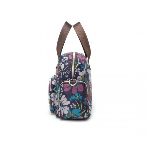 Kono Versatile Multi-Pocket Travel Bag with Adjustable Detachable Strap and Flower Print - Navy