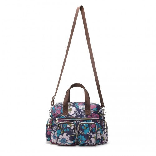 Kono Versatile Multi-Pocket Travel Bag with Adjustable Detachable Strap and Flower Print - Navy