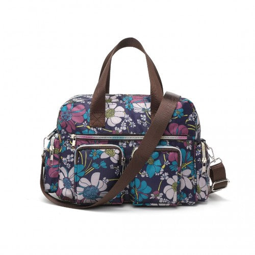 Kono Versatile Multi-Pocket Travel Bag with Adjustable Detachable Strap and Flower Print - Navy