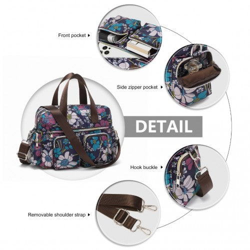 Kono Versatile Multi-Pocket Travel Bag with Adjustable Detachable Strap and Flower Print - Navy