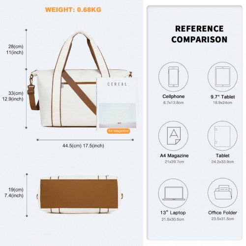 Kono Lightweight Waterproof Weekender Tote Bag Foldable Cabin Flight Duffel Ideal for Underseat Carry-On Travel - Beige/Brown