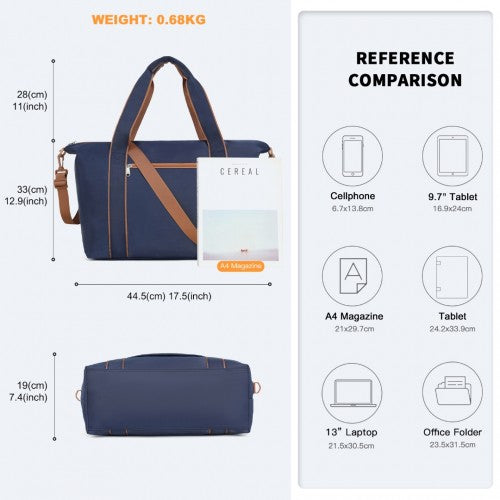 Kono Lightweight Waterproof Weekender Tote Bag Foldable Cabin Flight Duffel Ideal for Underseat Carry-On Travel - Navy/Brown