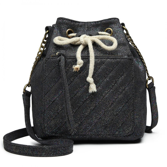 Miss Lulu Sparkle Canvas Drawstring Cross Body Bag - Black