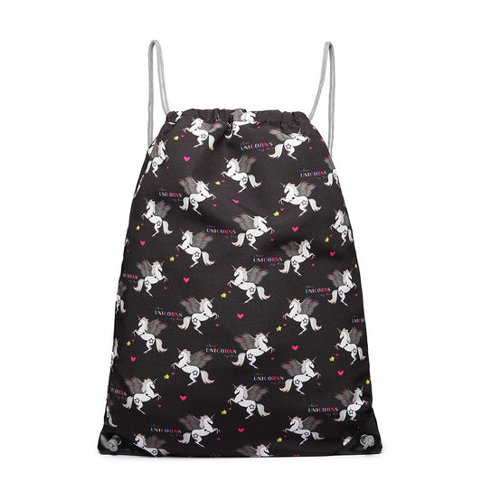 Miss Lulu Unicorn Print Drawstring Backpack - Black