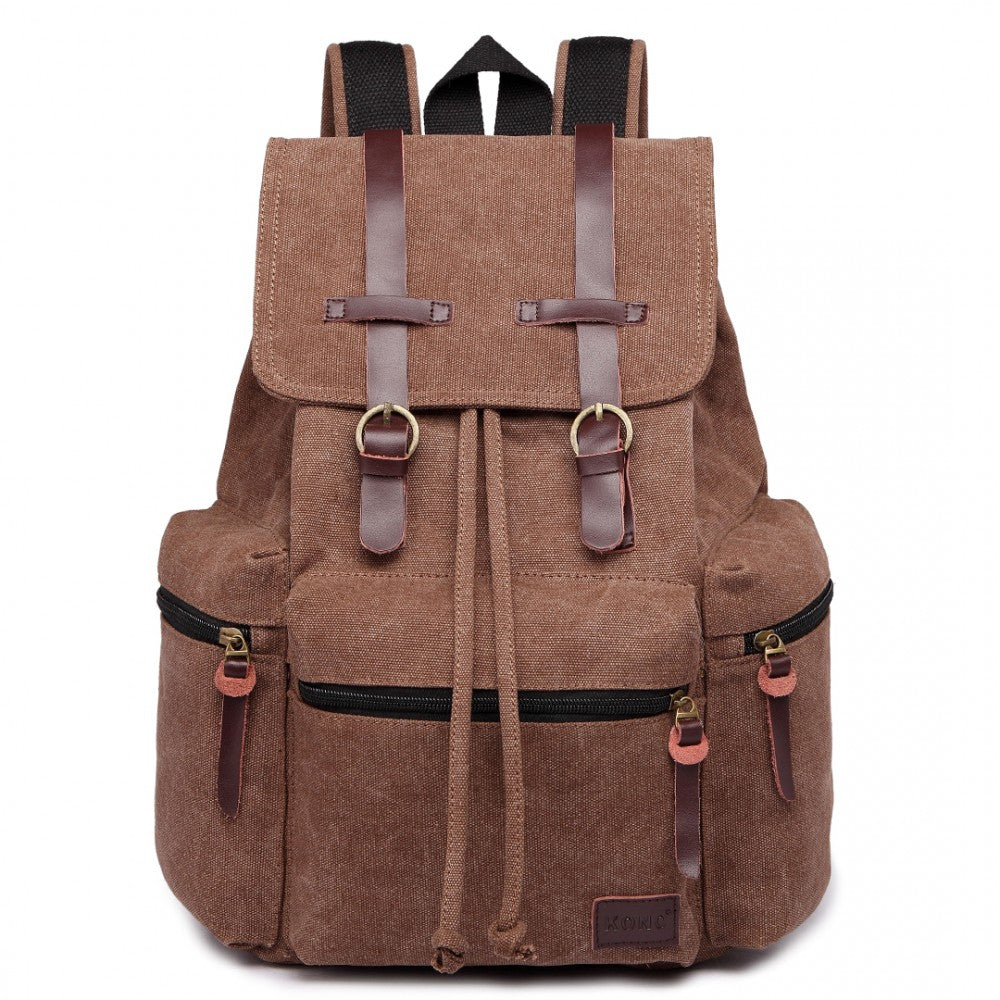 Kono Large Multi Function Leather Details Canvas Backpack Coffee