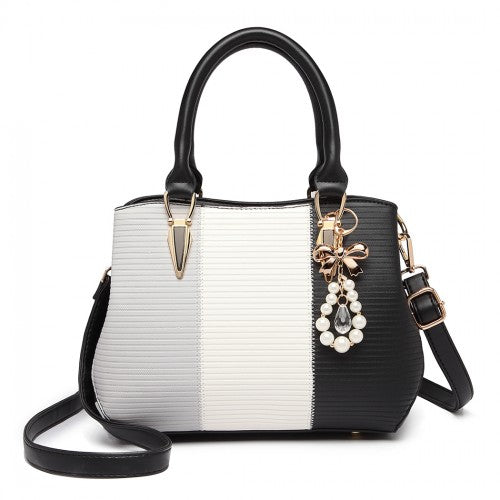 Miss Lulu Leather Look Colour Block Bow Pendant Handbag - Black