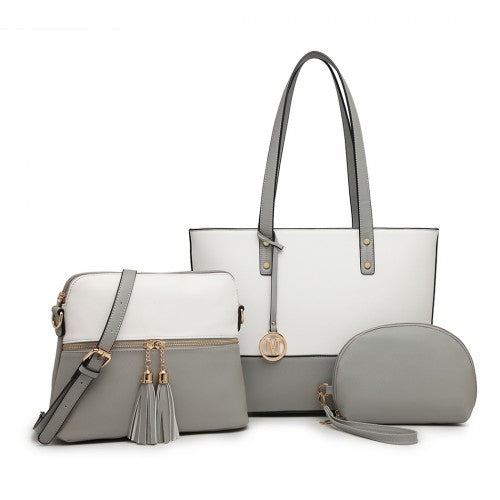 Miss Lulu 3 Piece Leather Look Tote Bag Set - Grey And White