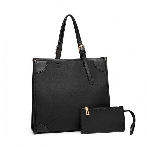 Miss Lulu 2 Piece Simple Square Shoulder Bag - Black