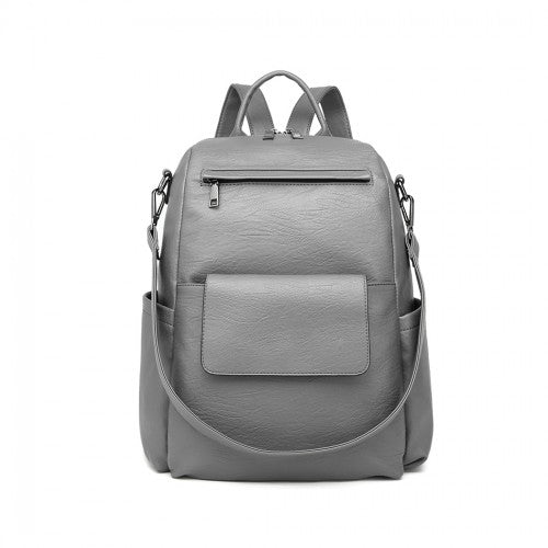 Miss Lulu Large Leather Look Backpack - Grey