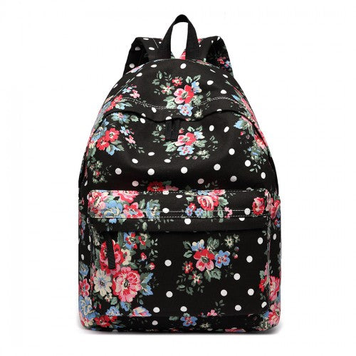 Miss Lulu Large Backpack Flower Polka Dot  - Black