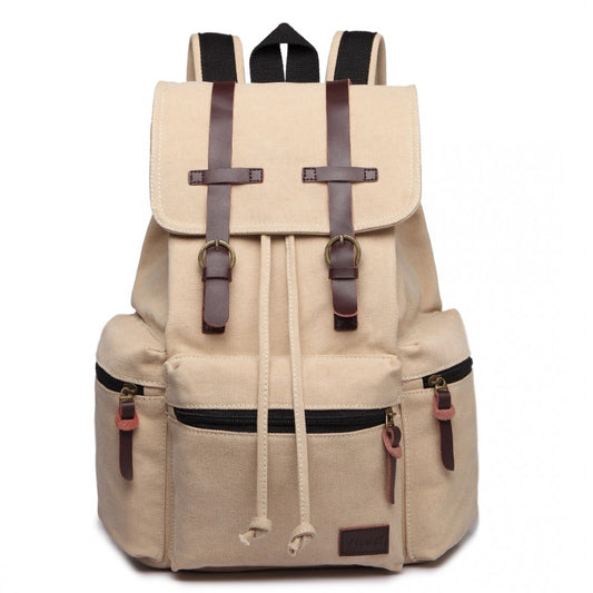 Kono Large Multi Function Leather Details Canvas Backpack Biege