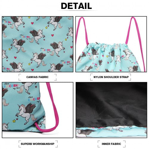 Miss Lulu Unicorn Print Drawstring Backpack - Blue