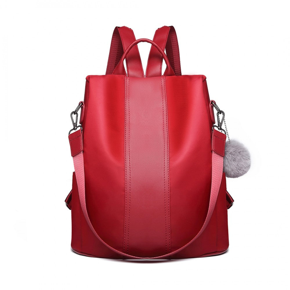 Miss Lulu Two Way Backpack Shoulder Bag With Pom Pom Pendant - Red