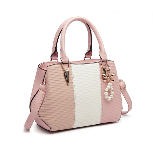 Miss Lulu Leather Look Colour Block Bow Pendant Handbag - Pink