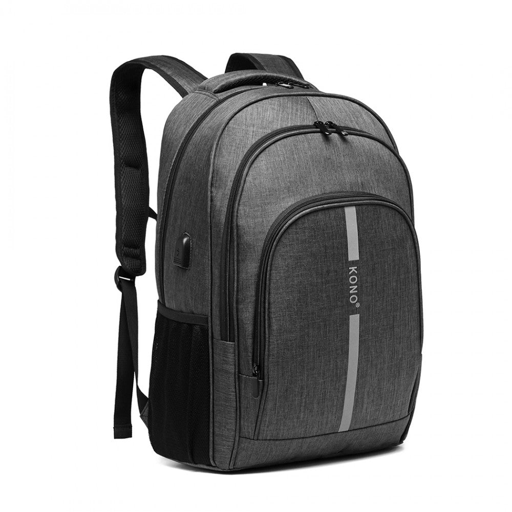 Kono Large Backpack With Reflective Stripe And USB Charging Interface - Grey