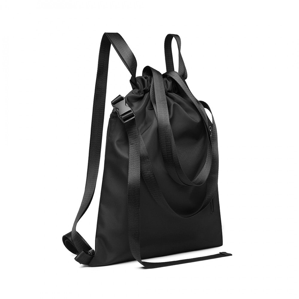 Kono Nylon Multi Way Drawstring Backpack Shoulder Bag - Black