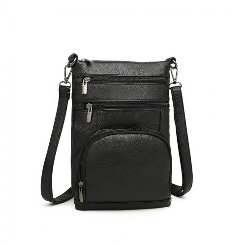 Miss Lulu Multi Pocket Leather Look RFID-Blocking Cross Body Bag - Black