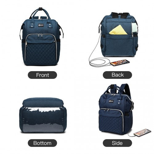 Kono Plain Wide Opening Baby Nappy Changing Backpack With USB Connectivity - Navy